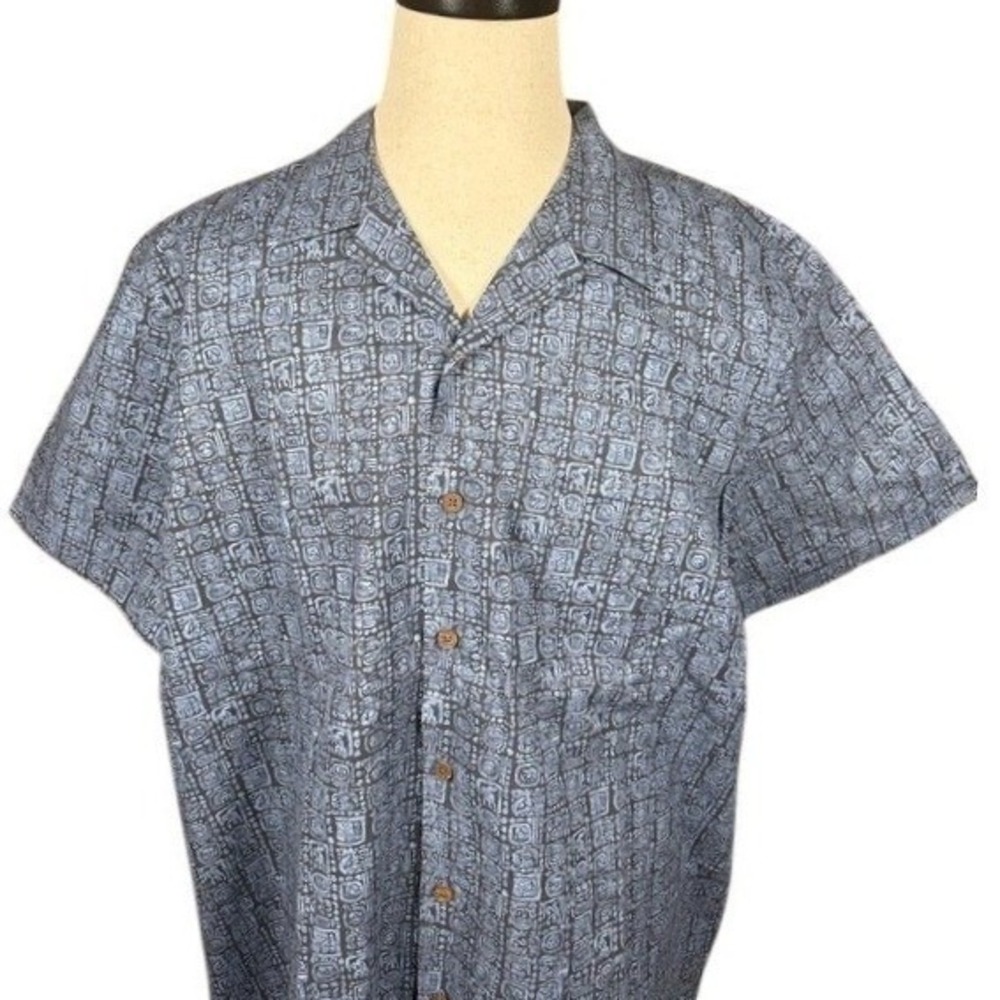 LL Bean Mens XL Short Sleeve Button Down Shirt Blue Geometric Block Print 510011